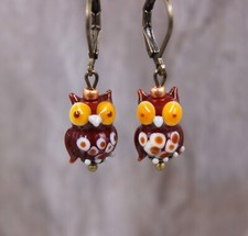 Eulen Ohrringe Ohrhänger Comic Uhu Perlen Herbst Lampwork Bronze #I011