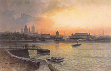 Mainz AK Künstler Astudin Rheinufer Panorama Dampfer Boote Ansichtskarte