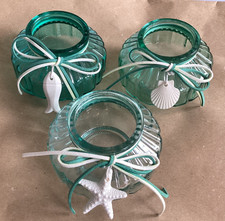 Maritim 3 x Windlicht / Teelichthalter Sommer Deko türkis Muschel Fisch Seestern