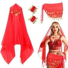Damen Rot Bauchtanz Kostüm Set Bollywood Karneval Outfit Münzen