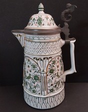 Alte Rauenstein seltene Weinkanne Grüner Vogeldekor Zinndeckel 29,5 cm