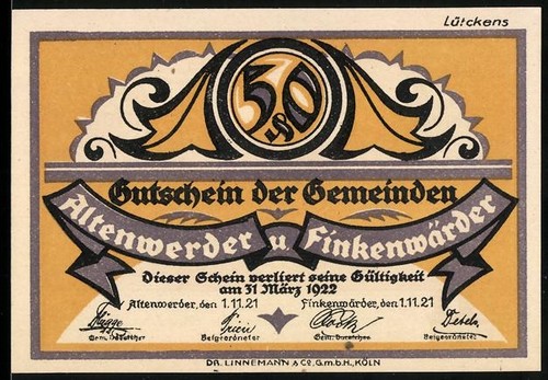 Notgeld finkenwerder 1921 50 - finkenwerder,