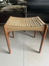Mid Century Dänischer Teakholz Papercord Hocker Ottomane Flechtseil