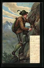 Bergsteiger besteigt einen steilen Berg, Ansichtskarte 1905 