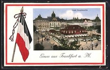 AK Frankfurt a. M., Café Hauptwache, Strassenbahnen, Passepartout mit Reichsfah 