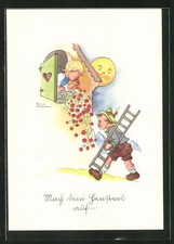 Künstler-AK Liesel Lauterborn: Bursche steigt über die Leiter in das Zimmer ein 