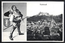 Künstler-AK Kulmbach, Gesamtansicht, Landsknecht mit Bierkrug 1935 