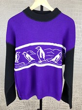 Vintage 80's Damen Gr. 40-42 Strickpullover weiß schwarz lila Pinguine Pulli 711