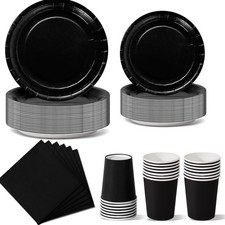 Partygeschirr Set 96 Stück Schwarz Becher Teller Servietten Einweg Geburtstag...