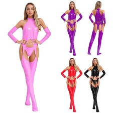 Damen Lack Leder Bodysuit 3 Teilig Wetlook Body Neckholder Jumpsuit Clubwear