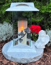 Grablampe mit Granitsockel u. Engel Grablaterne Grableuchte Grabschmuck Kerze