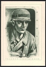 Künstler-AK Der Fallschirmjäger, Stahlhelm 