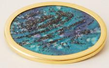 Brosche goldfarben Seidenmalerei 5 cm x 3,7 cm blau türkis-grün Glitter Glitzer