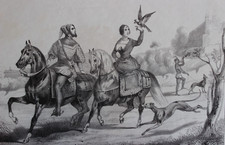 Antiker Stahlstich Falkenjagd