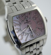 K# PERRELET Damen Lady 3 Zeiger Kissenform Uhr watch Stahl Perlmutt TOP full set