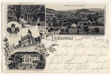 BÖHMEN - GRUSS aus LOBENDAU mit KIRCHE Gasthof - ANSCHAUEN (14372/808N)