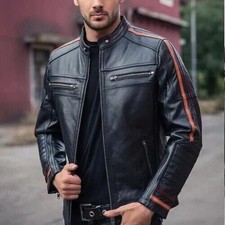 Neu Herren Stilvolle Motorrad Lederjacke Biker Handgefertigt Schwarz Echtes...