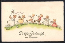 Künstler-AK Liesel Lauterborn: Kinder bei einem Umzug, Glückwunsch zum Namensta 