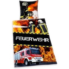 Herding Feuerwehr Bettwäsche 80x80+135x200 cm Feuerwehrauto Bettbezug Baumwolle