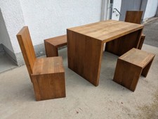 Essgarnitur Eiche massiv, Tisch, Bank, 2 Stühle und Hocker