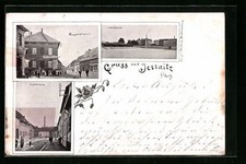 Jessnitz i. A., Ansichtskarte, Leopoldstraße, Hauptstraße, Leopoldbrücke 1902 