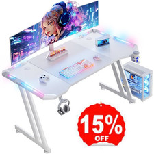 120 x 60 cm Gaming Tisch mit LED, Gaming Schreibtisch mit Kopfhörerhaken, Weiß