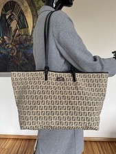Fendi Roll FF Monogramm Logo Shopper Beige Segeltuch Handtasche Bag