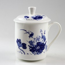 Teetasse Porzellan mit Deckel "Lotus", chinesische Teetasse Porzellan blau-weiß