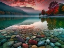 Wandbild: Wunderschöne Herbstlandschaft mit Bergsee und Spiegelung im [...]