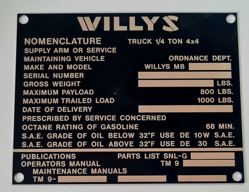 Willys jeep typenschild - willys, /