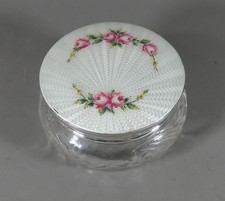 SCHLIFF GLAS PULVERSCHALE GEPUNZT STERLINGSILBER GUILLOCHIERT EMAILLE DECKEL 1959