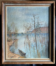 ::ÖLGEMÄLDE SEE BIRKEN ERLEN RUDERBOOT KAHN   LANDSCHAFT  ANTIK UFER RAHMEN °ÖL