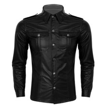 DE Herren Leder Hemd Langarmshirt Slim-Fit Muskel Shirt Unterhemd Clubwear Coat