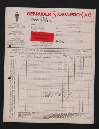 Köln rechnung 1932 - kÖln,,