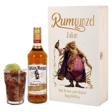 Personalisiertes Rum Geschenkset Rumpunzel in Holzbox mit Glas & Captain Morgan