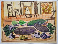 Gemälde Aquarell Stillleben Interieur Gemüse Doppelseitig Edvard Frank Nachlass