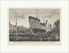 Stapellauf des Pelikan Kloppmann Schiff Werft Deutscher Kaiser Holzstich E 17175
