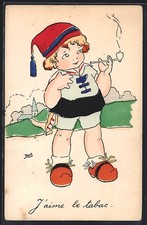 Künstler-AK Kind mit Zipfelmütze raucht eine Pfeife 