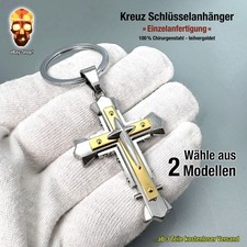 Kreuz Schlüsselanhänger Herren Edelstahl + teilvergoldet - Christophorus Biker