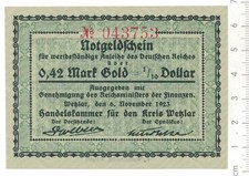 WETZLAR 0,42 Mark Gold (=1/10 Dollar) vom 6. Nov. 1923, wertbeständige Anleihe