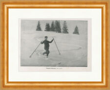 Telemark Schwung Schnee Ski Stöcke Skilaufen Schwung Faksimile SP 449 Gerahmt