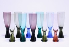 11 farbige Friedrich Kristall Sektgläser / Sektflöten 1960er Jahre