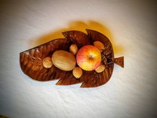 Holzschale Massiv geschnitzt Teak, Blattform, L: 30cm, B: 17cm, H:4cm