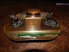 exklusives Schreibset Schreibtischset Griffel Federn 2 Hunde Kupfer Messing