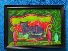 Bild Gemälde Hinterglasmalerei (?) - Katze auf Kanapee - Nicole Kusenberg