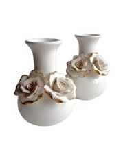 Vasen Mit 3D Rosen Applikation Blume Weiß Gold Romatische Shabby Deko