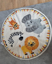 Tier Teppich rund Zebra Elefant Löwe Kinderzimmerteppich Bunt Creme Affe 