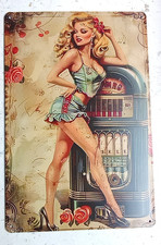 Blechschild "Blondine vor der Musicbox" 30 x 20 cm