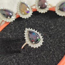 Echter schwarzer Opal Top Feuer Träne Ringe Silber Offen Zirkonia Ring Edelstein