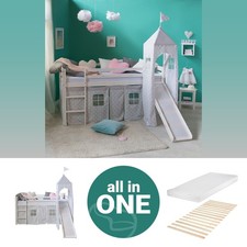Hochbett 90x200 Kinderbett mit Rutsche Matratze Weiß Holz Turm Grau Homestyle4u